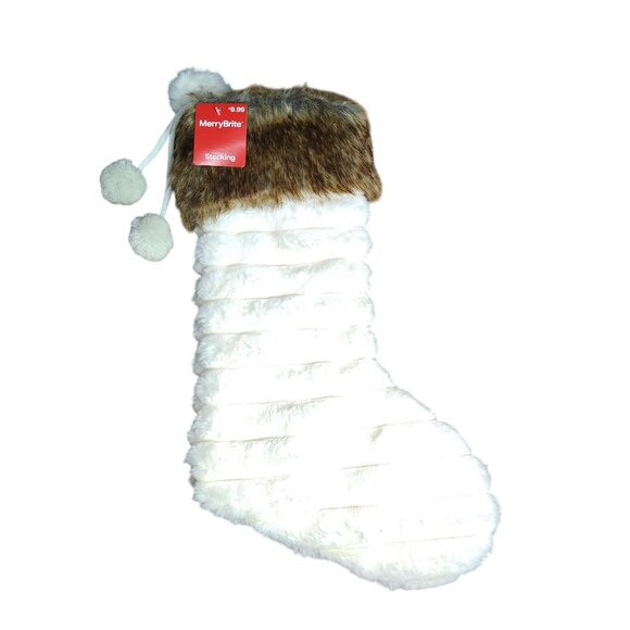 Merry Brite 21 inch Faux Fur Christmas Stocking With Pom Poms - Picture 1 of 4